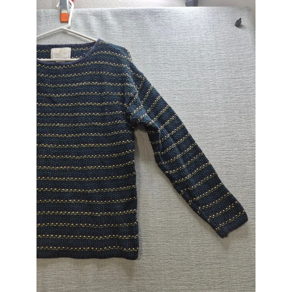 Express Tricot Sweater Womens Small Blue Striped Ramie Chunky Knit Boat Neck